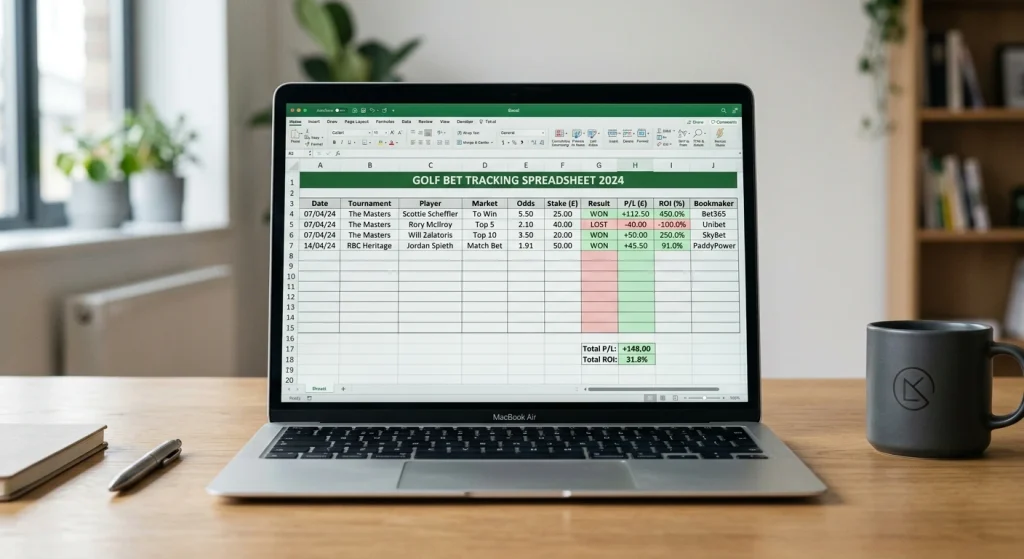 Laptop screen showing a detailed golf betting tracking spreadsheet with ROI columns