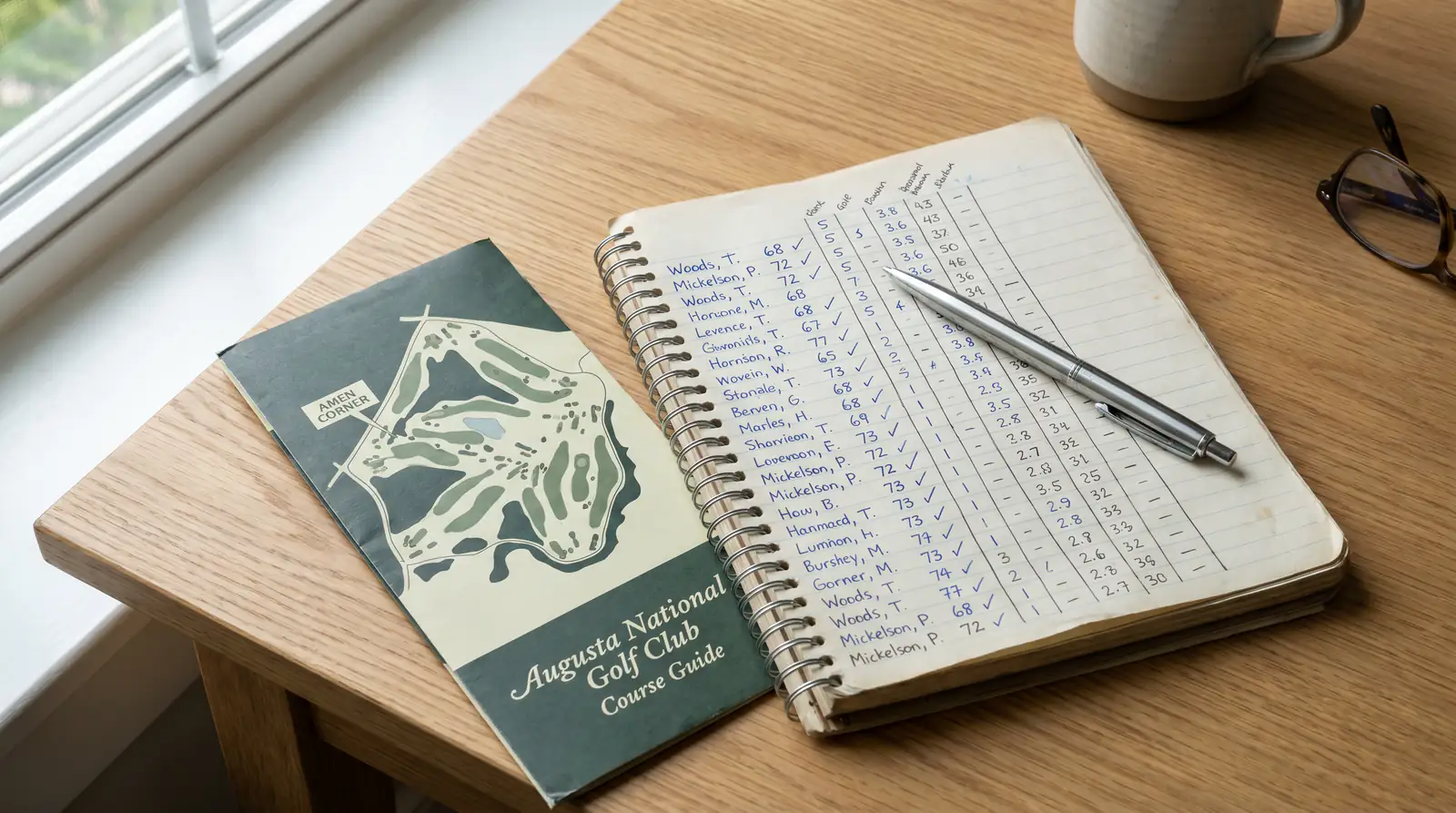 Open notebook with golf statistics and a pen resting on a wooden desk beside a course map