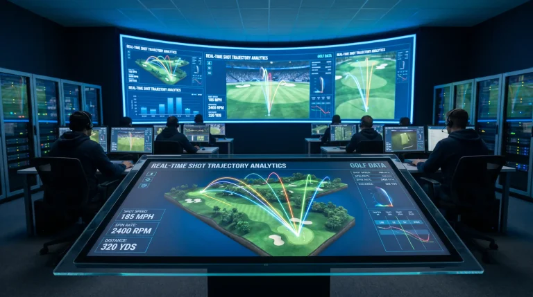 High-tech golf data tracking screen displaying shot trajectories on a course map