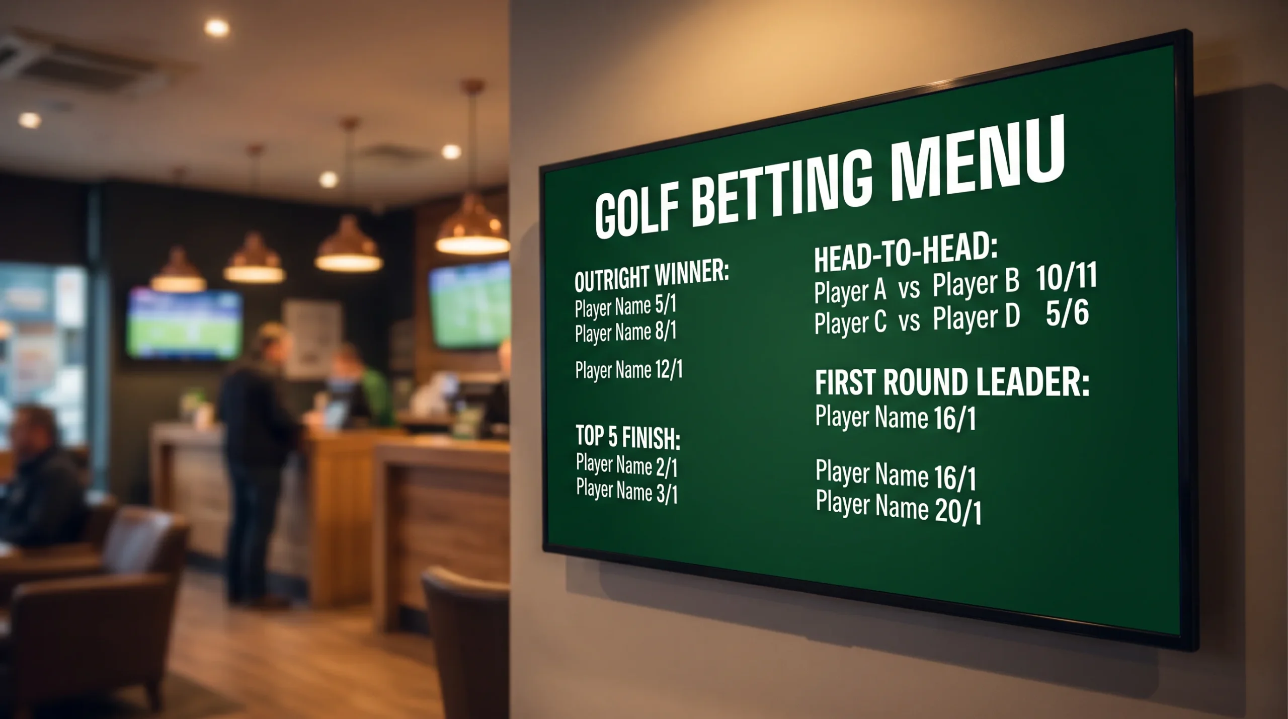 Sportsbook screen displaying multiple golf betting markets including outright, top finish and matchup options