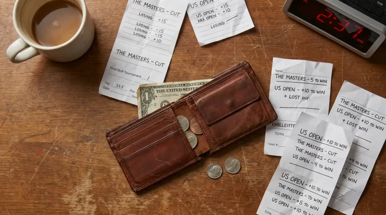 Crumpled golf betting slips beside a nearly empty wallet on a desk