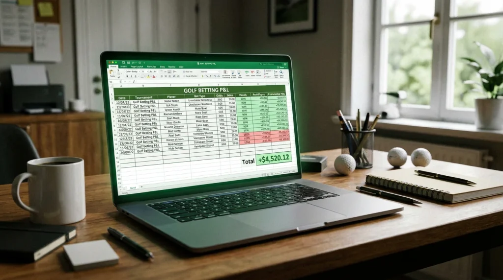 Detailed golf betting spreadsheet showing profit and loss columns on a laptop
