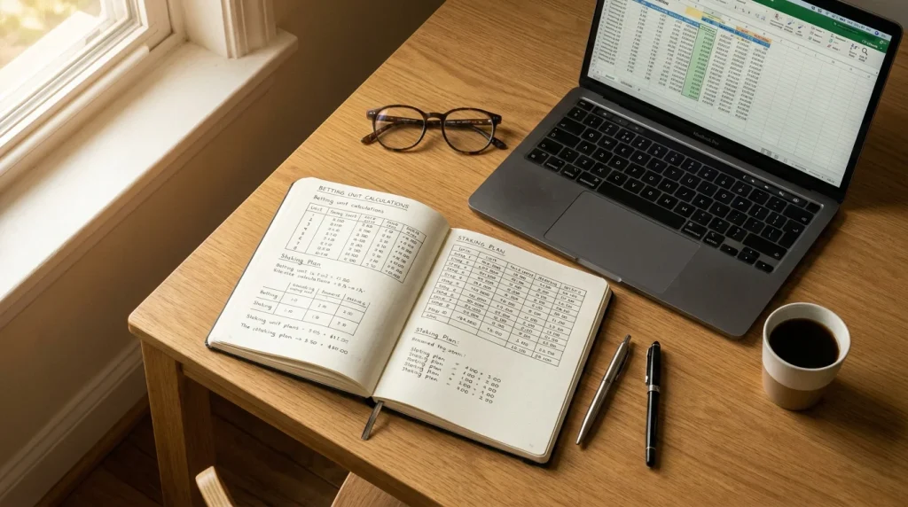 Neatly organised betting notebook with unit calculations beside a laptop