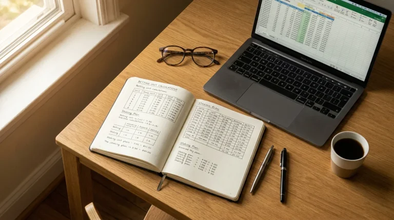 Neatly organised betting notebook with unit calculations beside a laptop