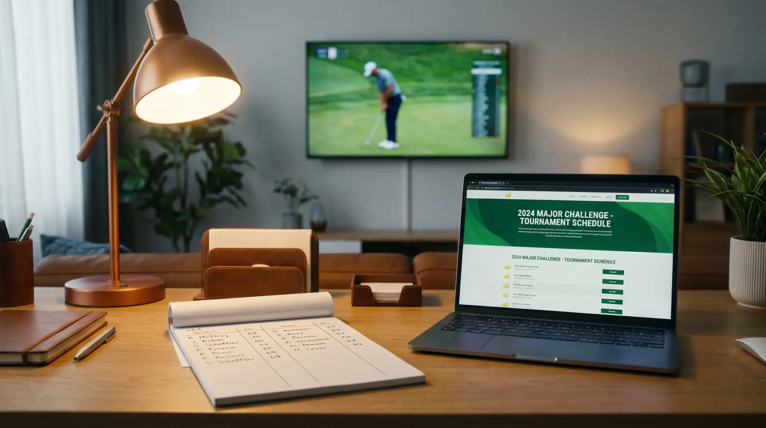 Desk setup with a notepad of golf selections, a laptop showing tournament data and a television broadcasting live golf coverage