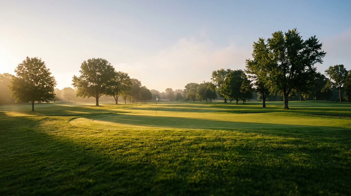 Golf course fairway at dawn with morning light casting long shadows across the green