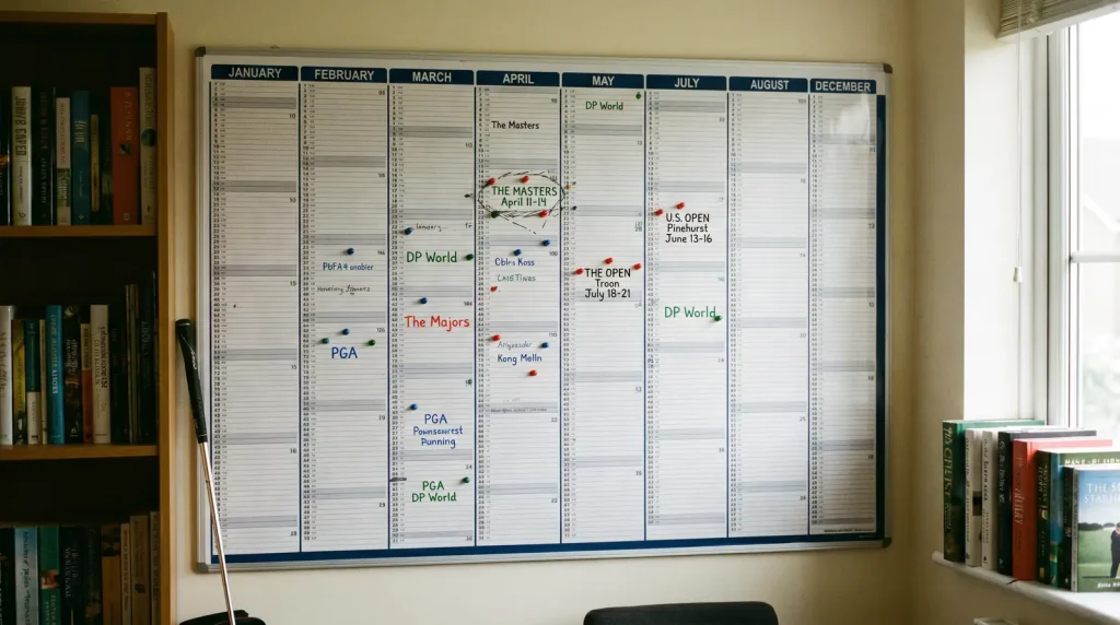 Wall calendar with golf tournament dates marked across the full season