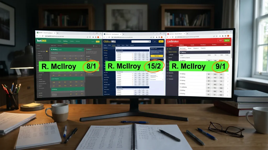Side-by-side comparison of golf odds from multiple UK bookmaker screens