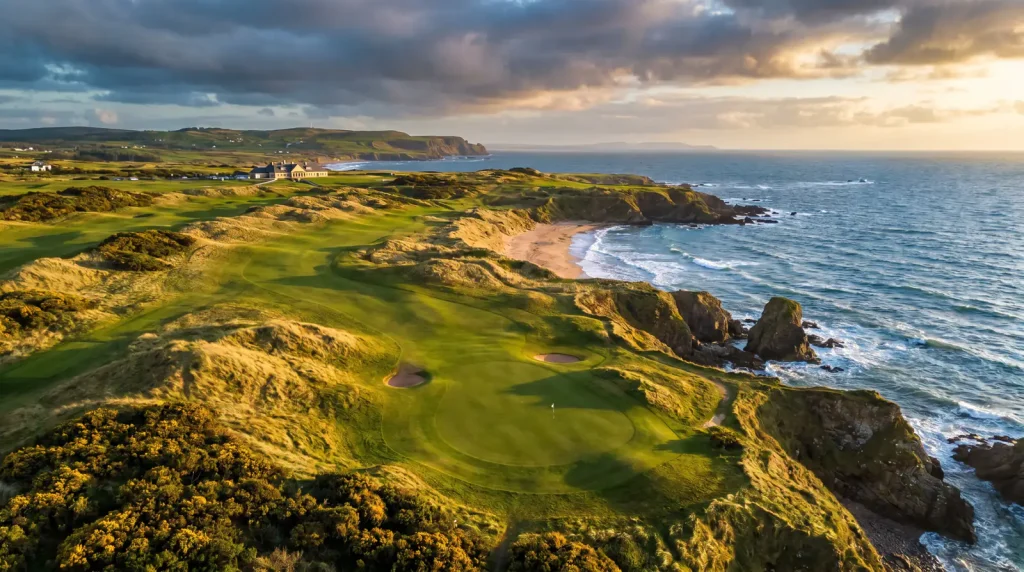 Aerial view of a links golf course along a coastline