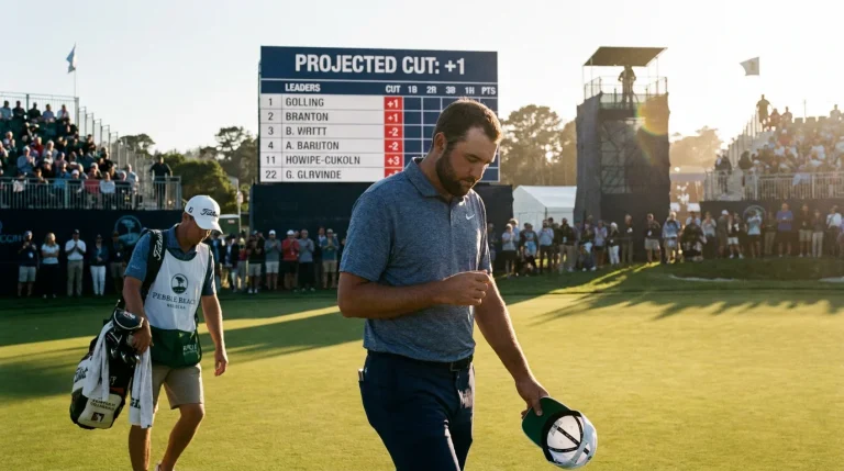 Golfer walking off the 18th green on Friday afternoon with the scoreboard behind