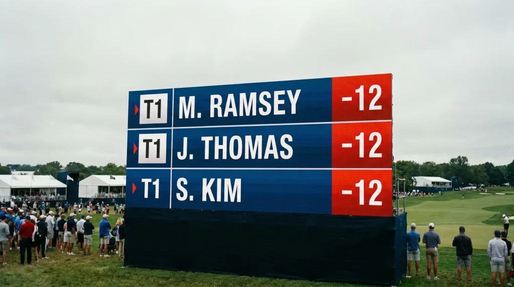 Tournament leaderboard showing multiple golfers tied at the same score