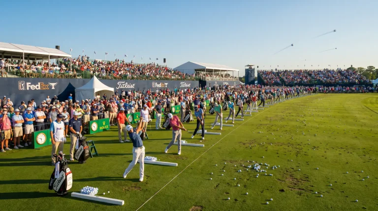 Packed driving range at a PGA Tour signature event with elite golfers warming up