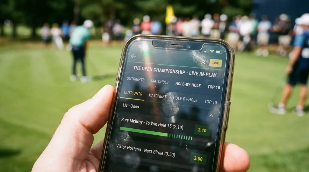 Phone screen showing live in-play golf betting options mid-tournament