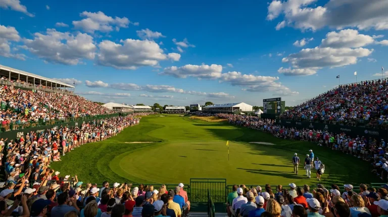 Scenic view of a major championship golf course with grandstands and flagstick