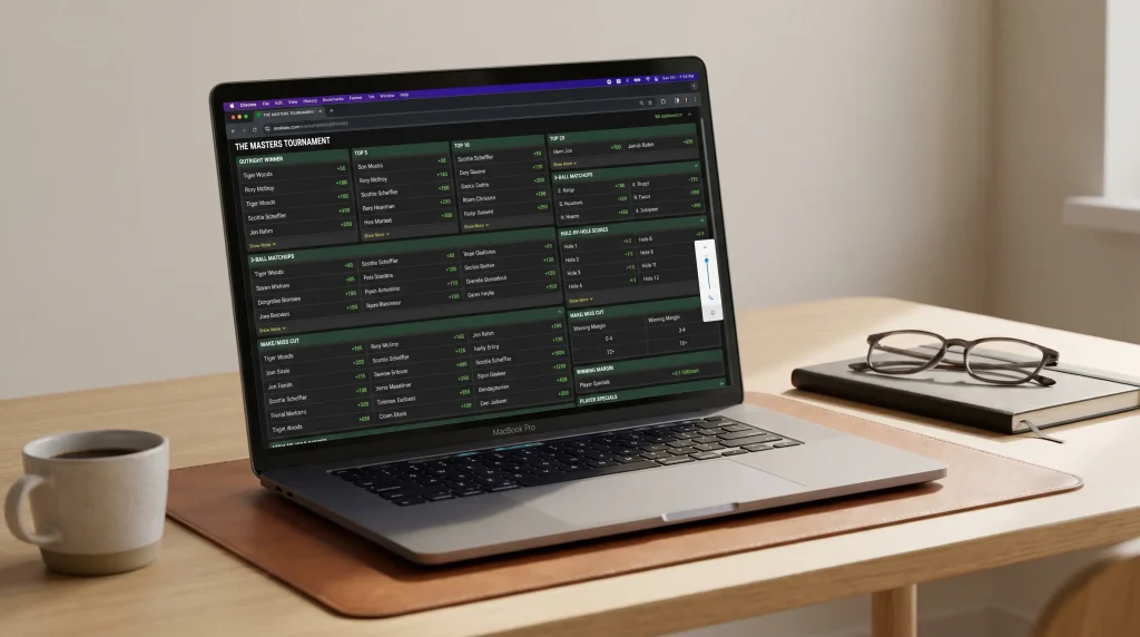 Full-screen view of a deep golf betting card with dozens of markets listed