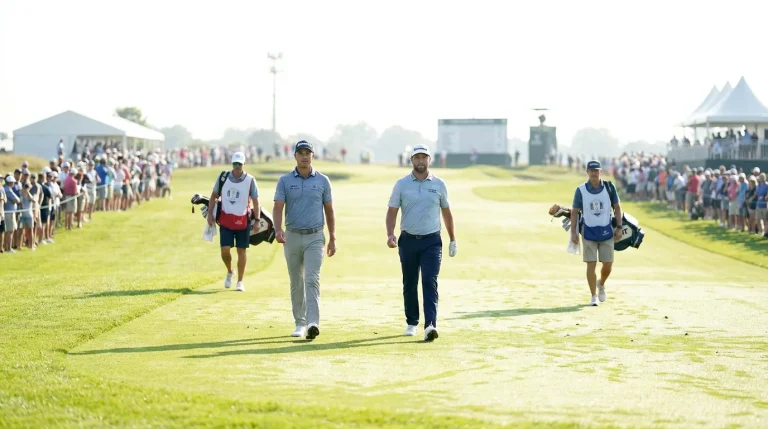 Two golfers walking side by side down a tournament fairway