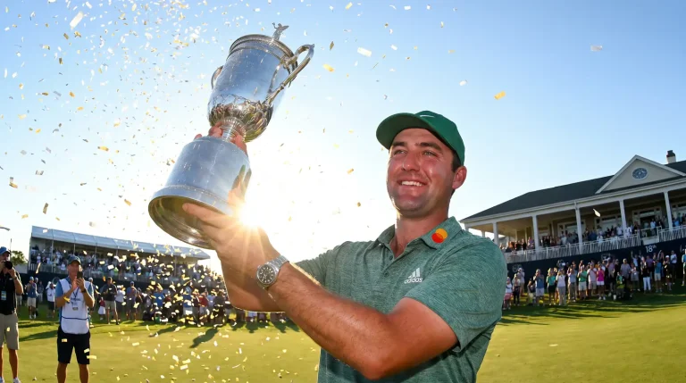 Golfer raising a trophy after winning a professional tournament