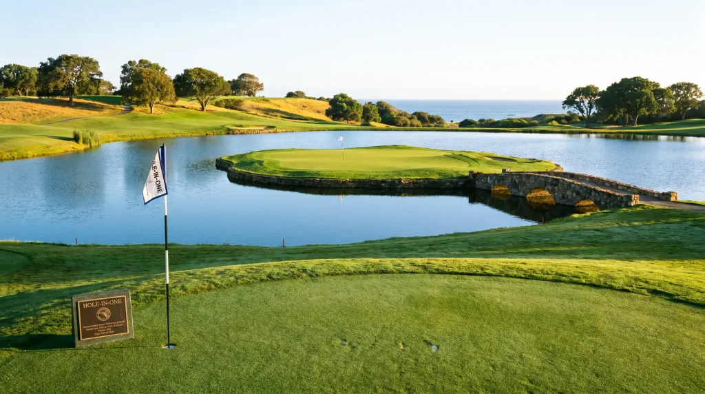 Golf hole-in-one marker flag on a par-three tee with the green in the background
