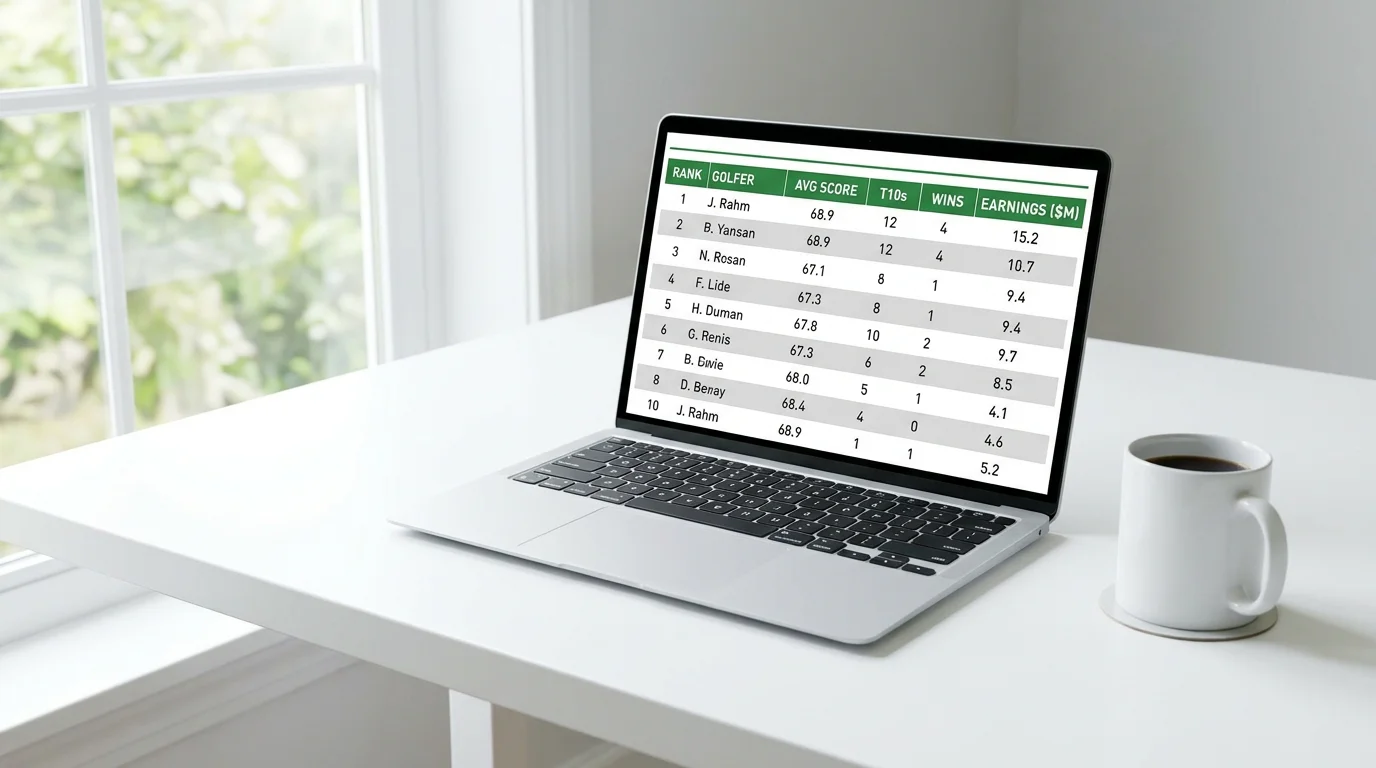 Laptop screen showing strokes gained data table for professional golfers with performance metrics