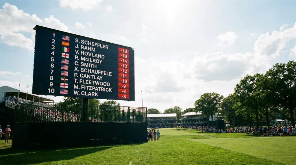 Golf leaderboard display showing top finishing positions at a tournament