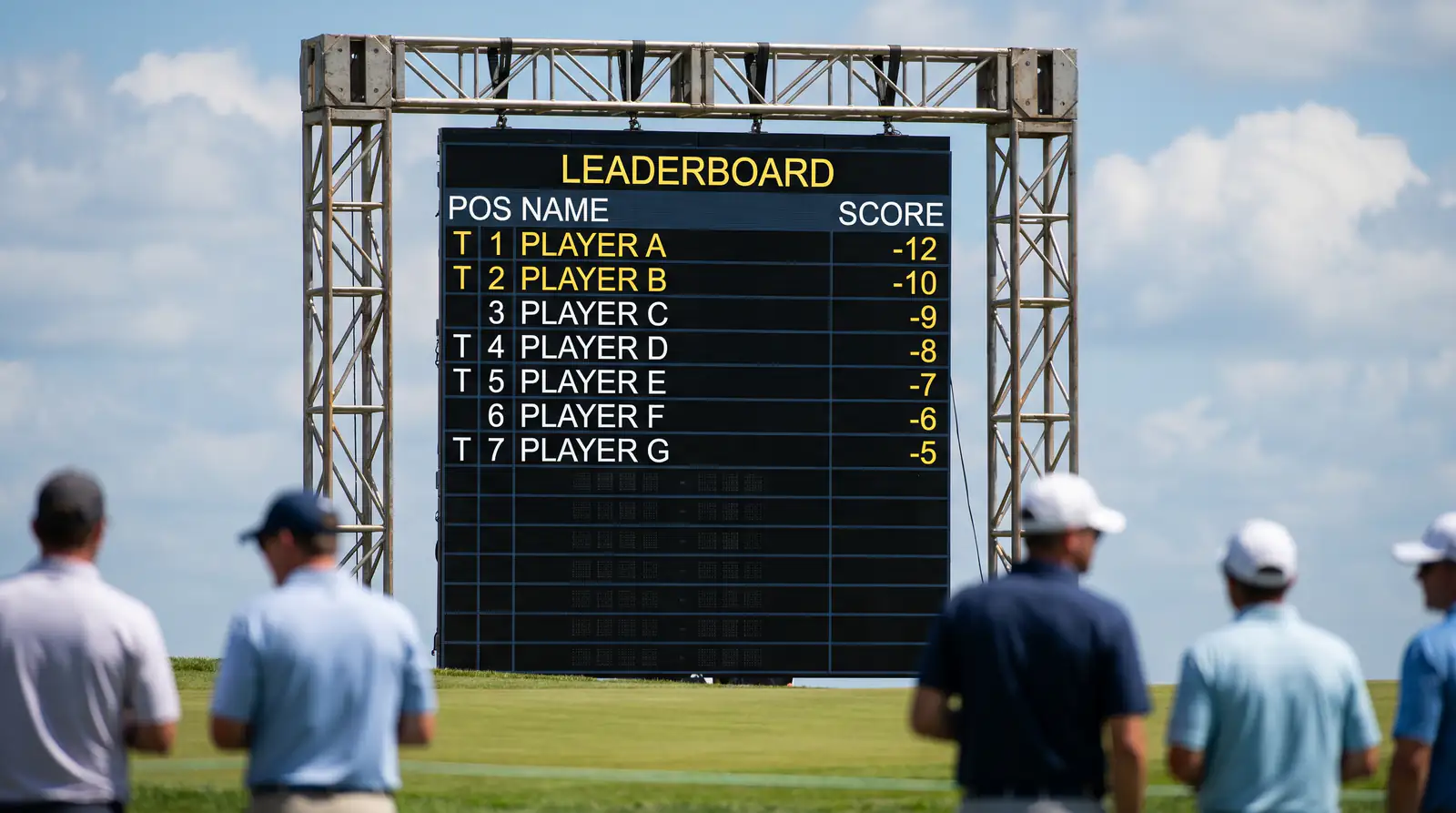 Electronic leaderboard at a professional golf tournament showing player names and scores