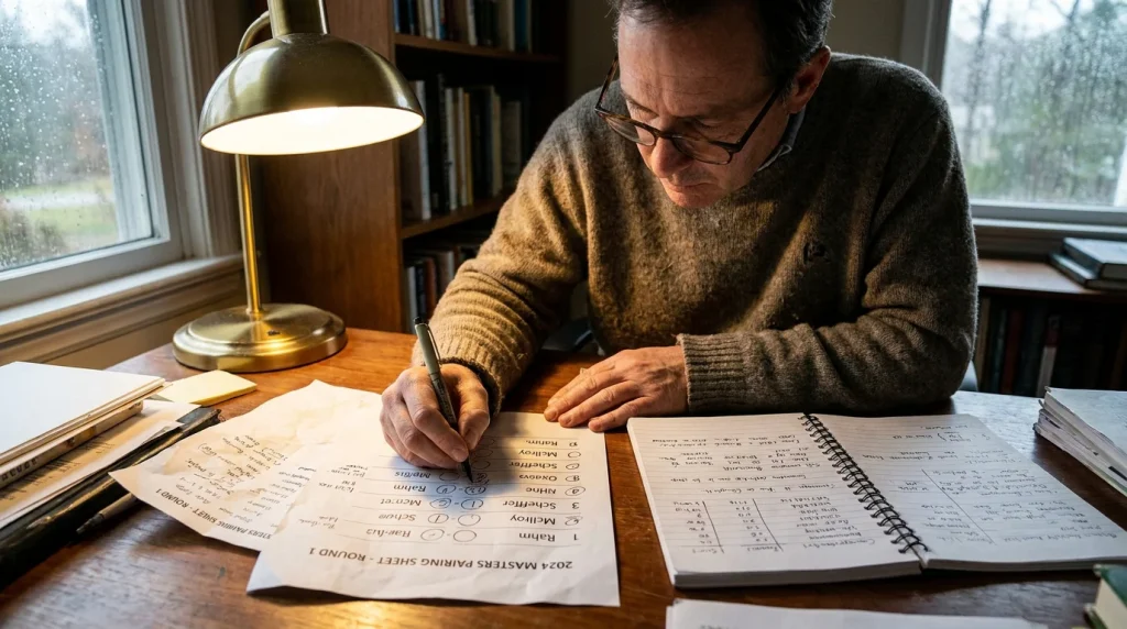 Punter studying golf pairing sheets with a pen and notebook