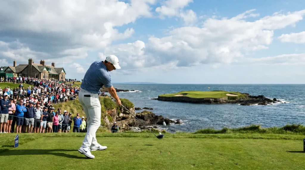 Golfer teeing off on a scenic par-three hole over water