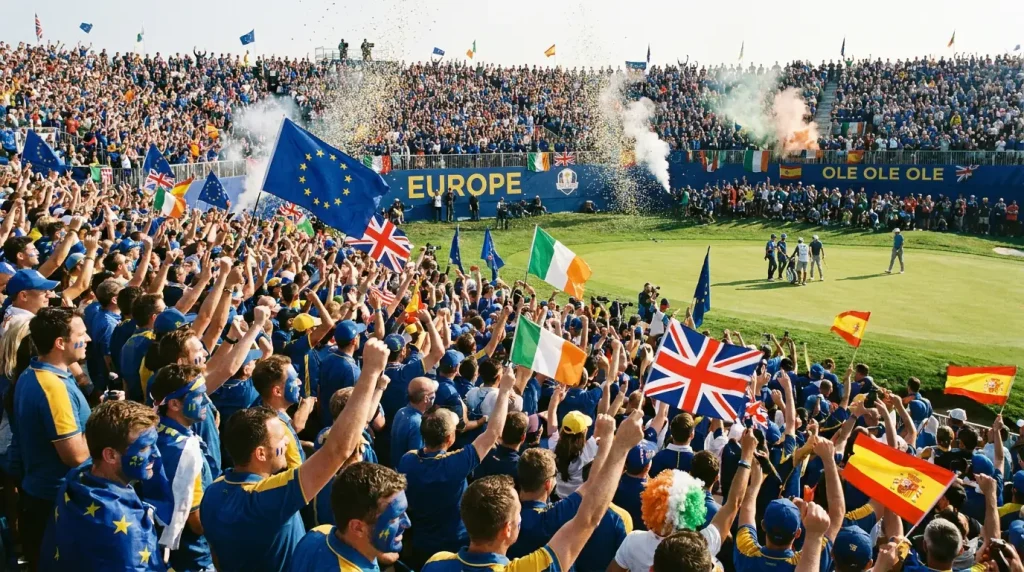 Enthusiastic home crowd cheering at a European Ryder Cup venue