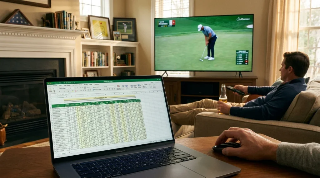 Abandoned spreadsheet on a laptop screen with a golf broadcast playing in the background