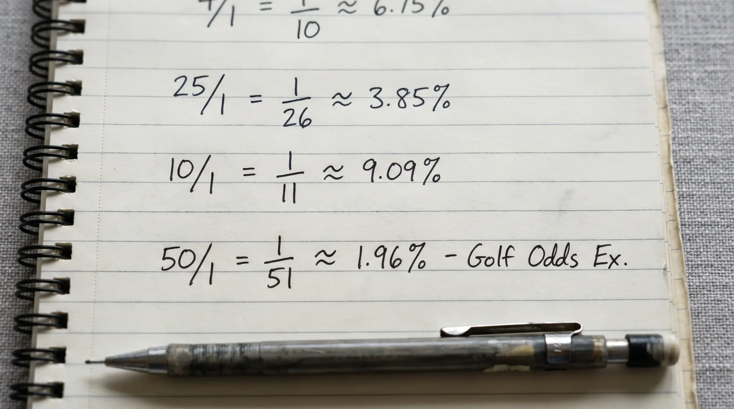 Handwritten calculations on a notepad showing implied probability conversions from fractional golf odds