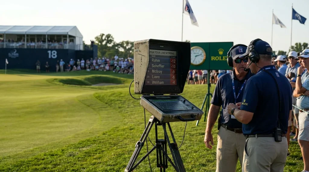 Close-up of a live golf scoring terminal beside the 18th green