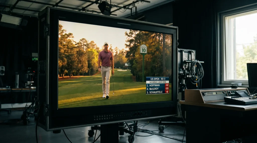 Golf broadcast showing a player approaching the back nine on Saturday