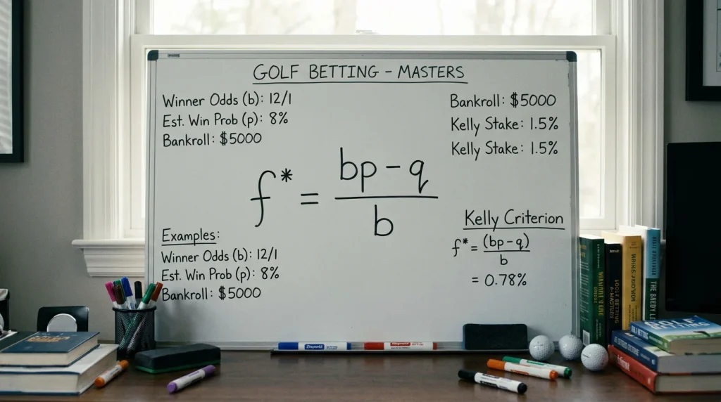 Mathematical formula for Kelly Criterion written on a whiteboard beside golf notes