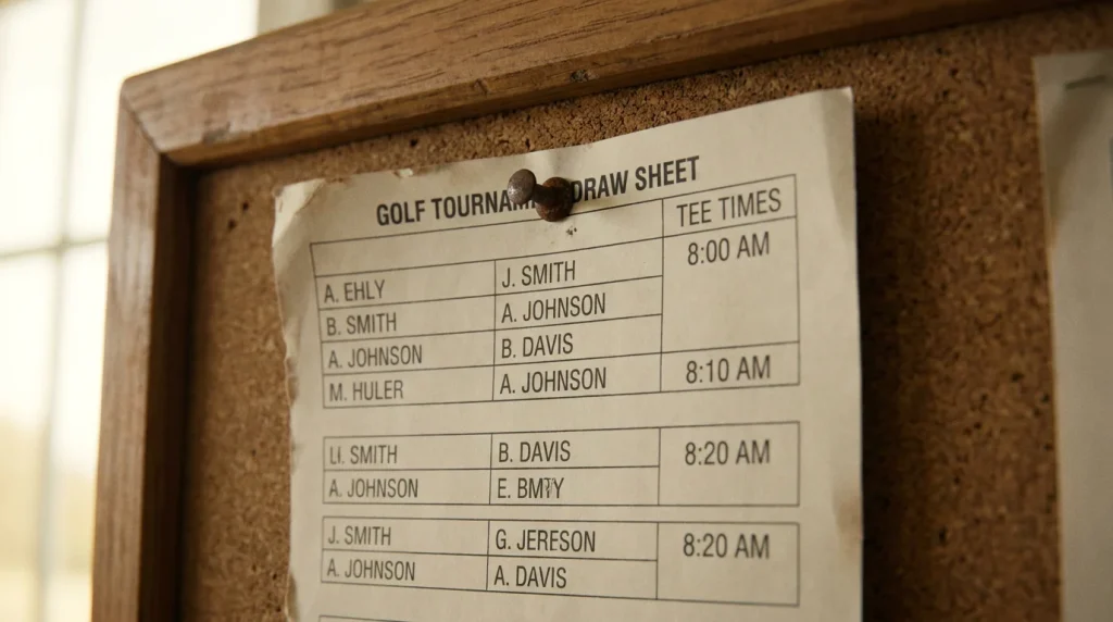 Close-up of a golf tournament draw sheet pinned to a clubhouse notice board