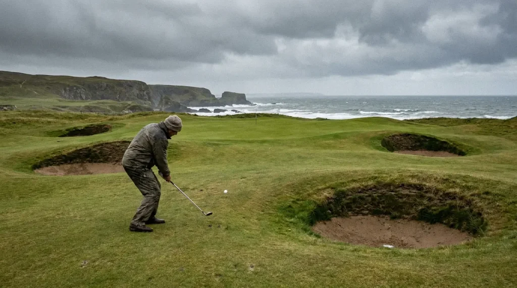 Golfer playing a creative bump-and-run recovery shot on a links course