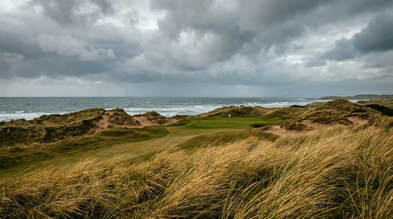 Coastal links golf course with tall fescue grass bending in the wind under overcast skies