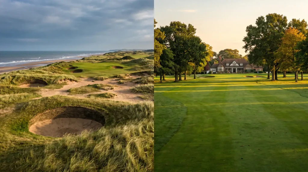 Split view of a windswept links course and a tree-lined parkland fairway