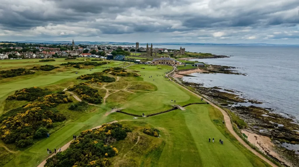 Aerial view of a famous Open Championship rota course along the Scottish coastline