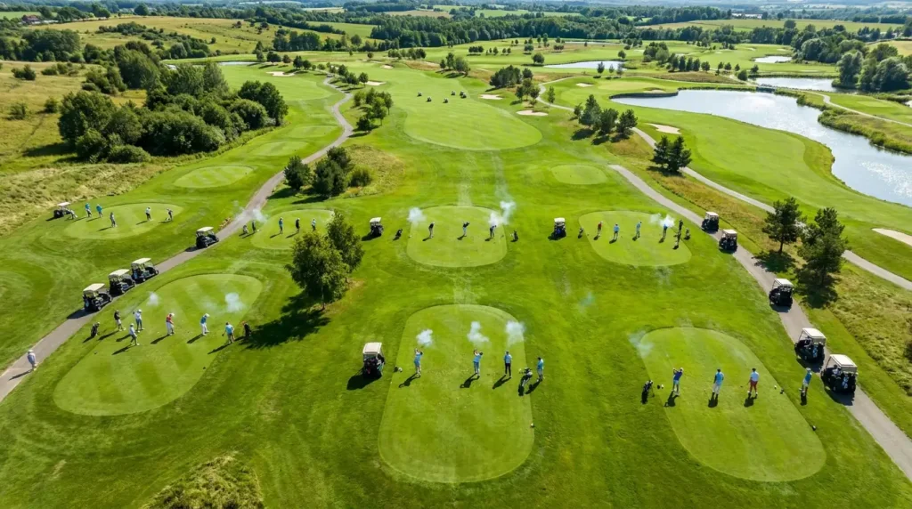 Golf players starting simultaneously from different holes in a shotgun start format