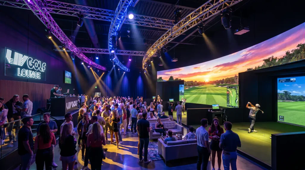 Indoor golf simulator arena with a large screen showing a virtual fairway