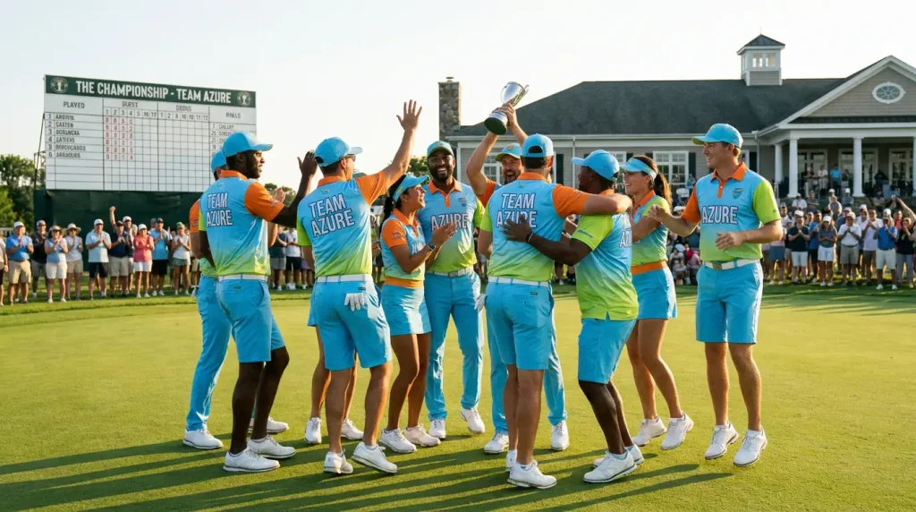 LIV Golf team members wearing matching uniforms celebrating on the course