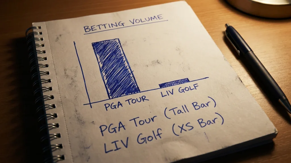 Bar chart sketch comparing betting volume between PGA Tour and LIV Golf events