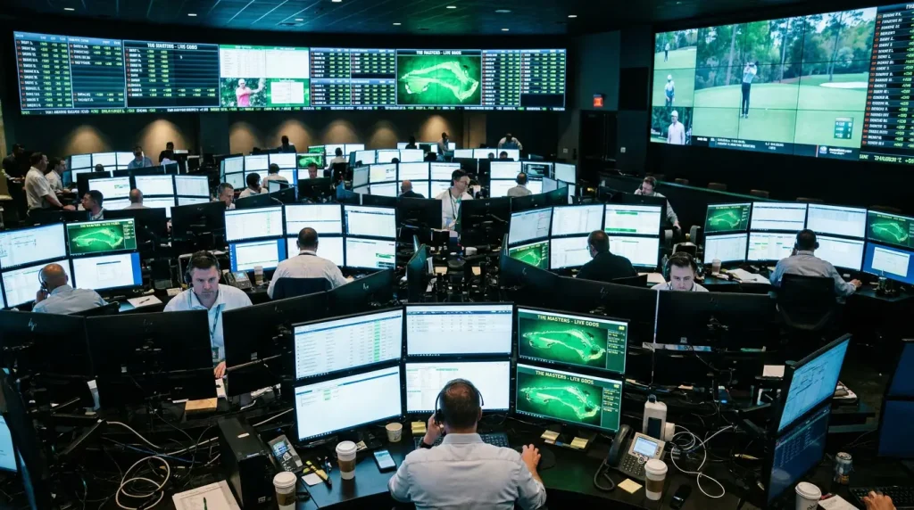 Behind-the-scenes view of a sportsbook trading floor with golf odds on multiple screens