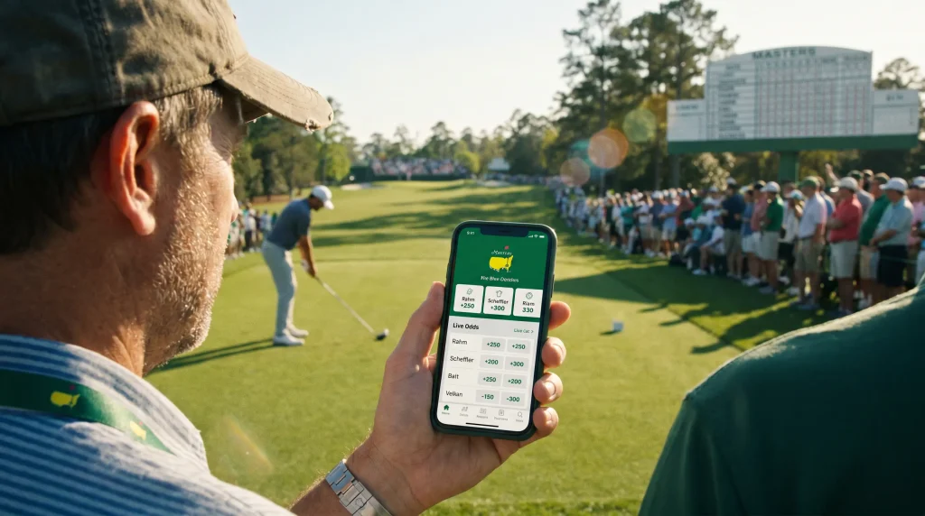 Spectator watching live golf coverage on a phone while at the course