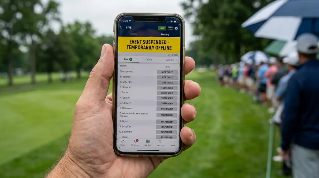 Mobile phone screen showing suspended live golf betting odds