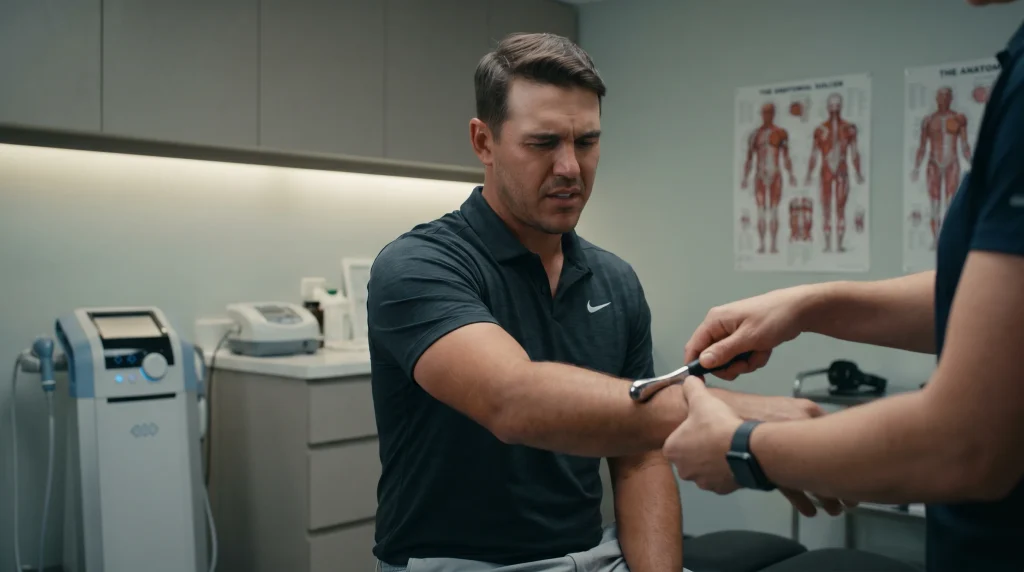 Golfer receiving physiotherapy treatment on a wrist injury