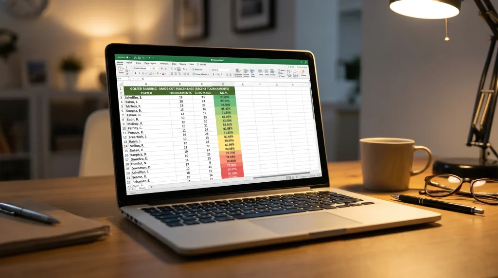 Spreadsheet listing golfers ranked by made-cut percentage over recent tournaments