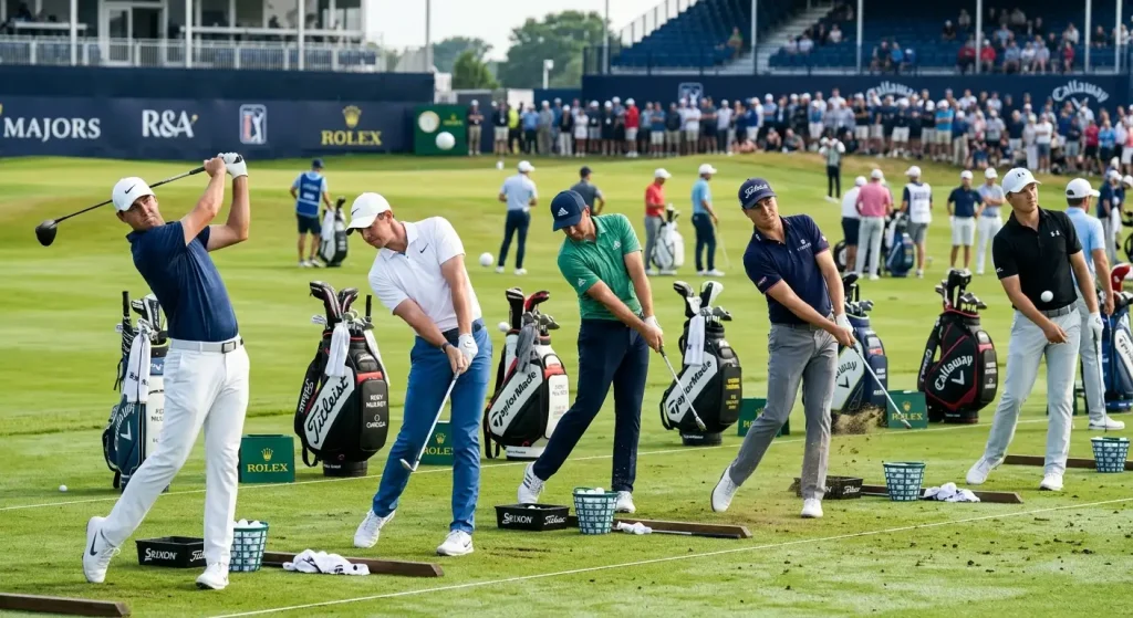 Elite golfers gathered on the practice range before a major championship