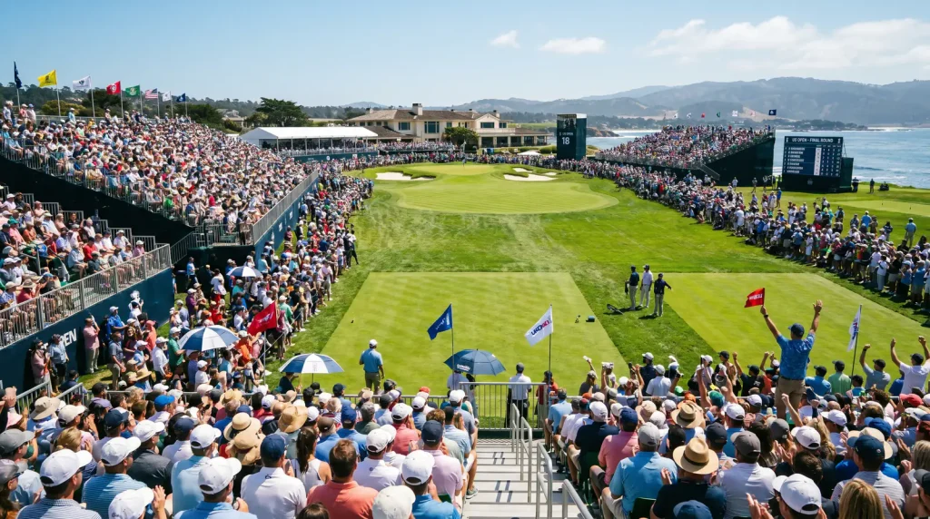 Crowds gathering at a major championship golf course during peak summer