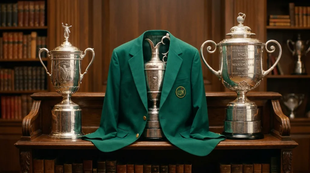 Four major championship trophies displayed on a shelf